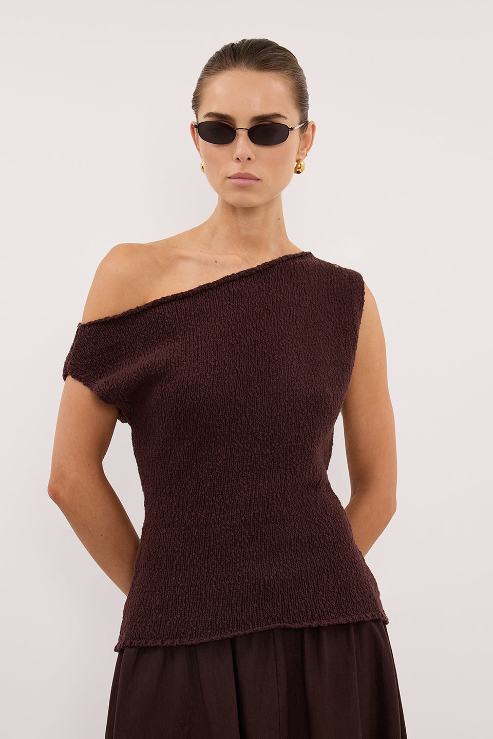 DINA CHOC COTTON ASYM KNIT TOP