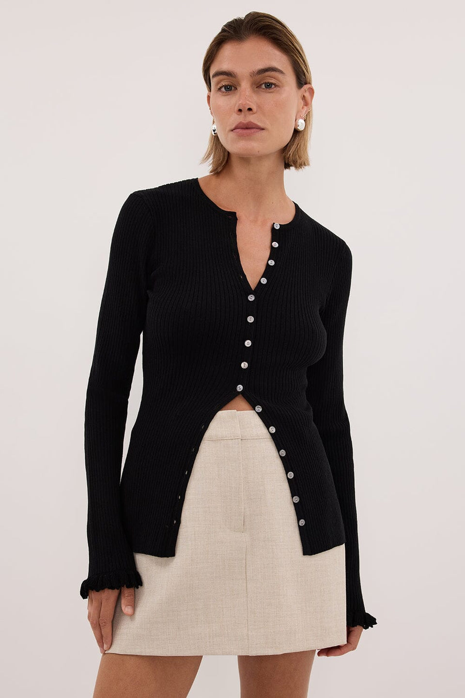 KAIA BLACK RUFFLE KNIT CARDIGAN Clothing DISSH Boutiques
