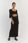 LILAH SLEEVED BLACK LINEN CROP TOP