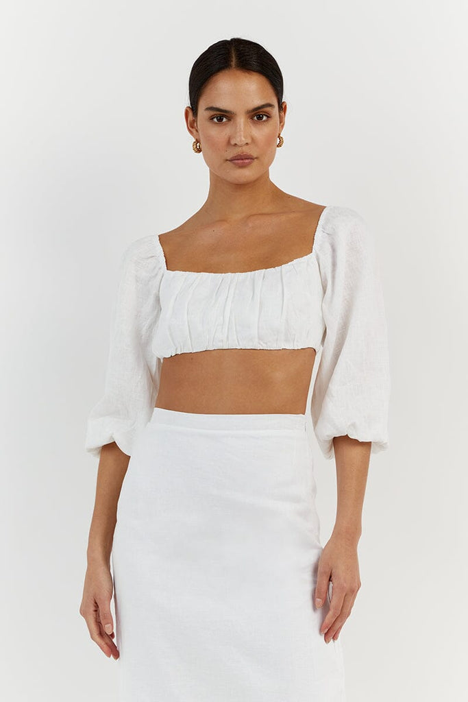 LILAH SLEEVED WHITE LINEN CROP TOP Dissh
