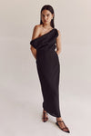 CASS BLACK LINEN ASYM MIDI DRESS