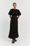 NAT BLACK LINEN GATHERED MIDI DRESS