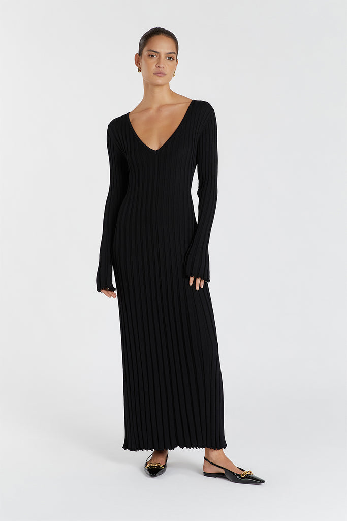 REIGN BLACK SLEEVED KNIT MIDI DRESS Dissh