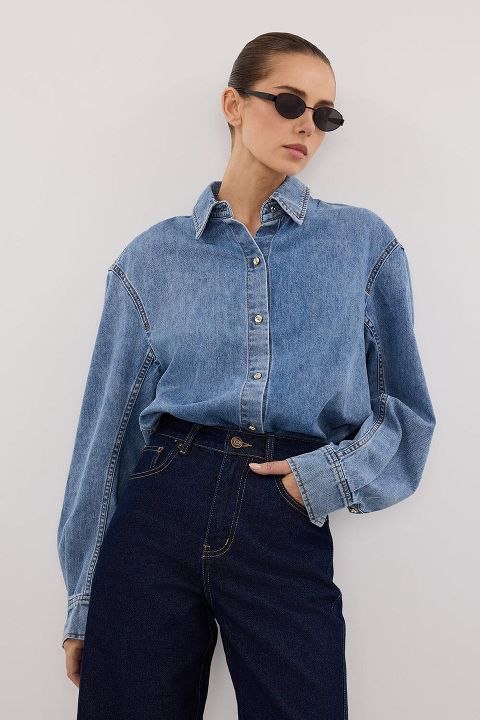 AMARA LIGHT BLUE DENIM SHIRT Clothing DISSH Boutiques 6 LIGHT BLUE 