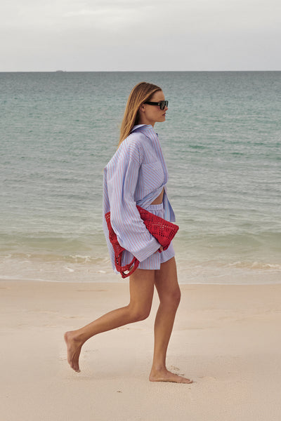 Zoe wearing ORSON BLUE STRIPE COTTON SHIRT