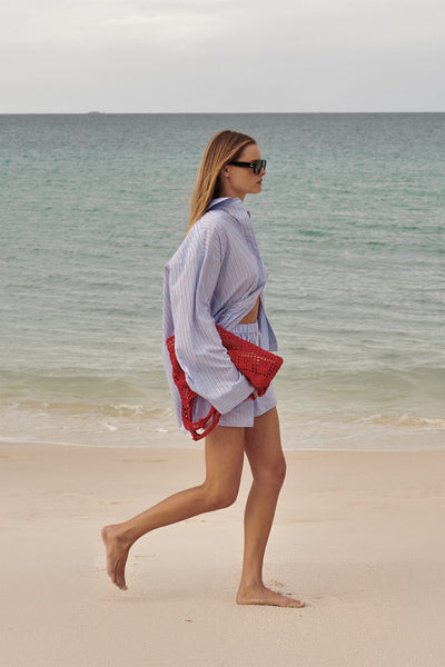 Zoe wearing ORSON BLUE STRIPE COTTON SHIRT