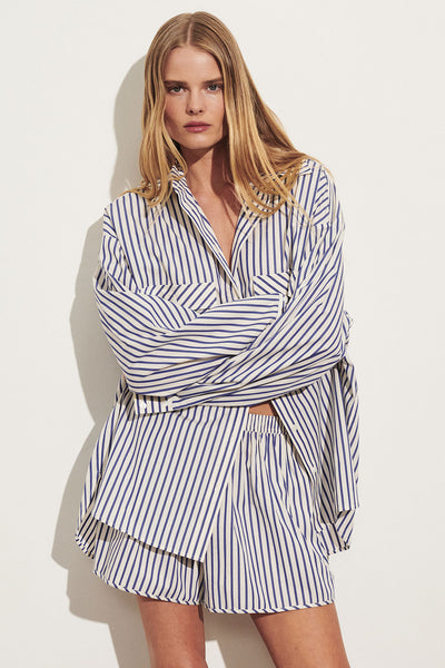 Zoe wearing HELENE BLUE STRIPE COTTON SHIRT