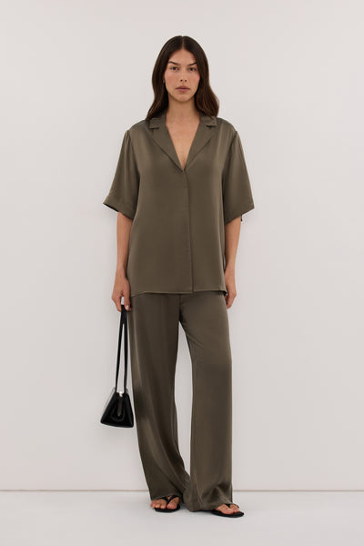 Helena  wearing MICAH OLIVE SILK SHIRT