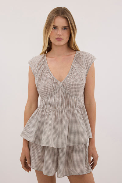 Zoe wearing ARABELLA CREAM CHECK TOP