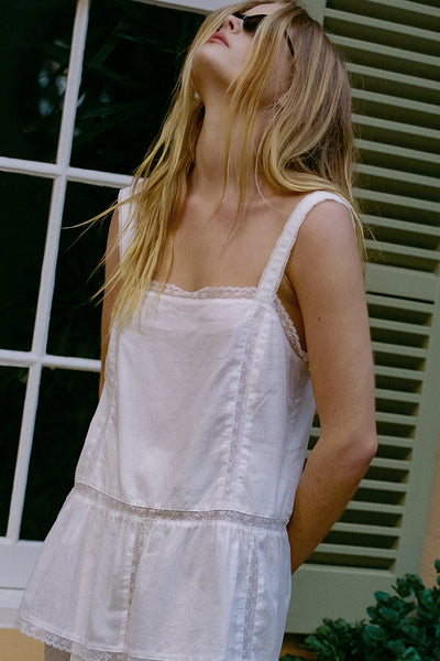 Zoe wearing ROSIN WHITE COTTON VOILE TOP