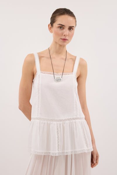 Stas wearing ROSIN WHITE COTTON VOILE TOP