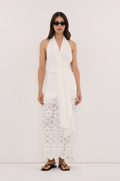 Helena  wearing SARIAN WHITE CUPRO TOP