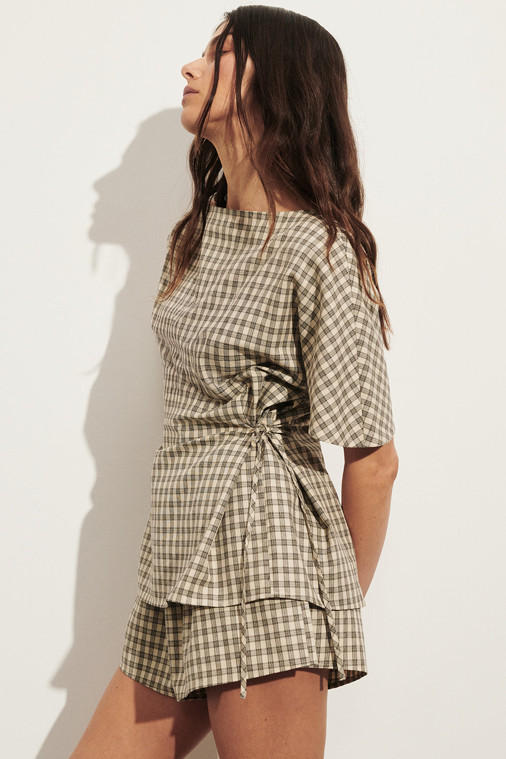 ODESSA BEIGE CHECK SIDE TIE TOP