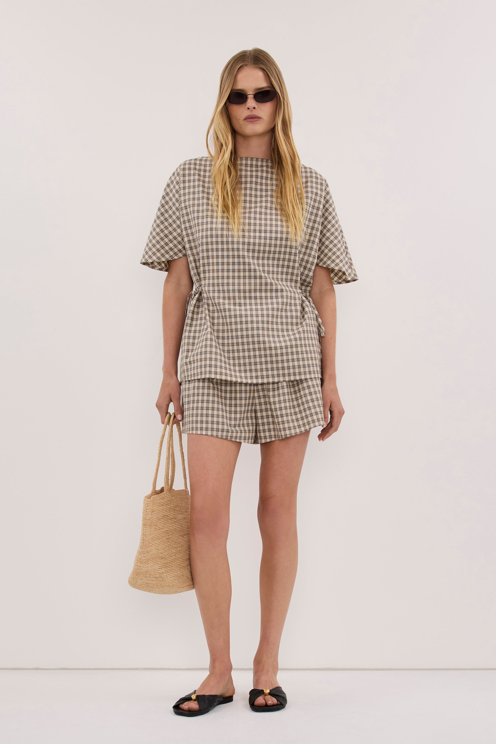 ODESSA BEIGE CHECK SIDE TIE TOP