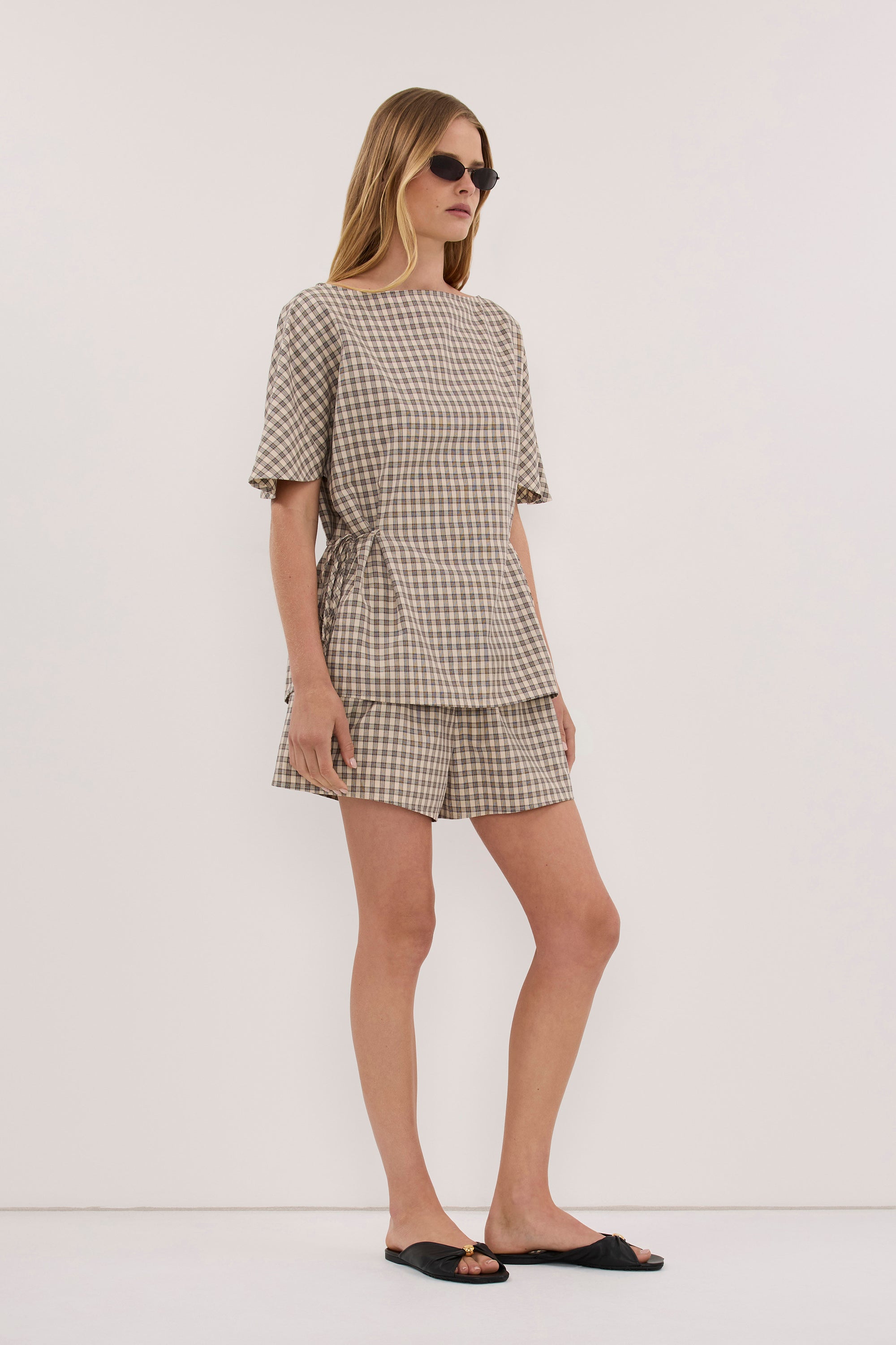 ODESSA BEIGE CHECK SIDE TIE TOP