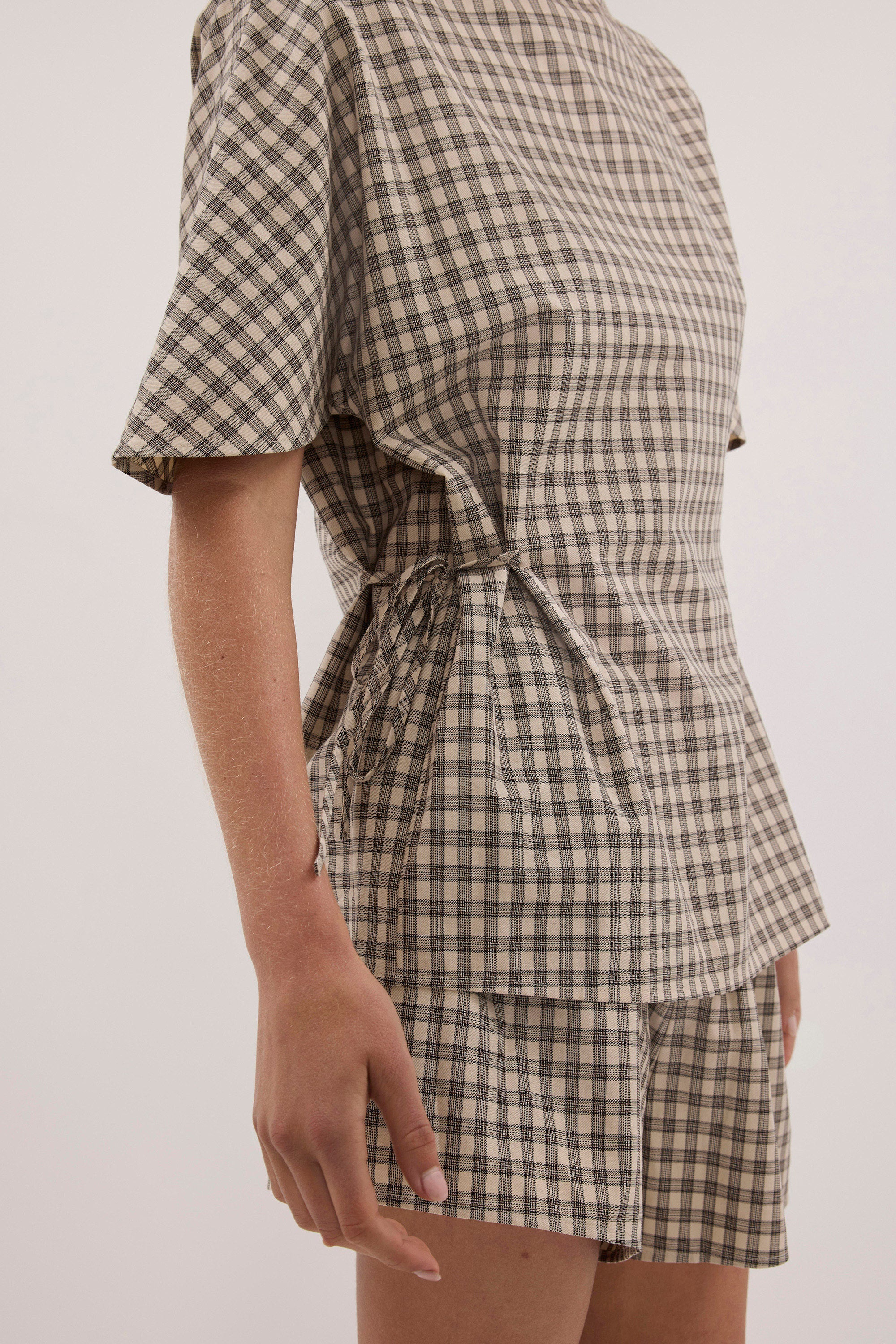 ODESSA BEIGE CHECK SIDE TIE TOP