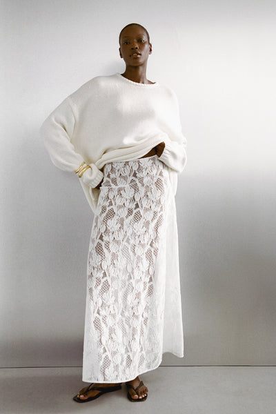 Ayen wearing LUCINE WHITE LACE MAXI SKIRT