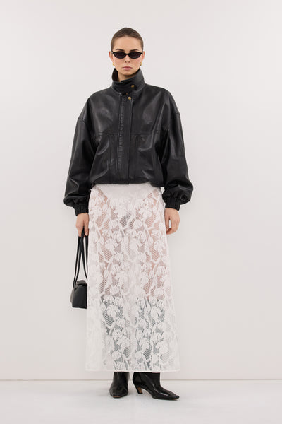 Stas wearing LUCINE WHITE LACE MAXI SKIRT