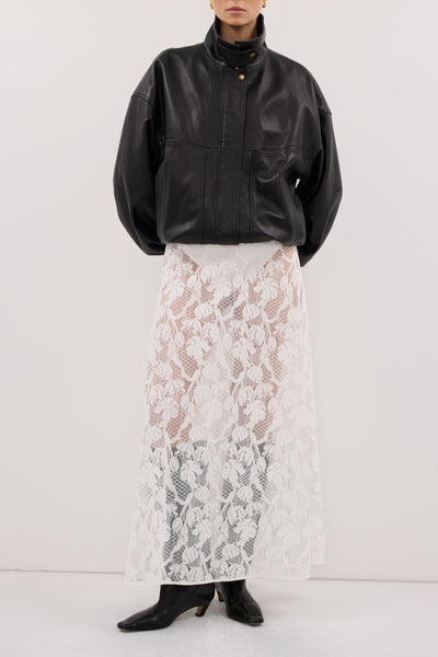 Stas wearing LUCINE WHITE LACE MAXI SKIRT