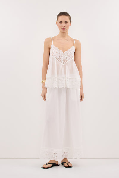 Stas wearing ELISA WHITE COTTON SHEER MIDI SKIRT