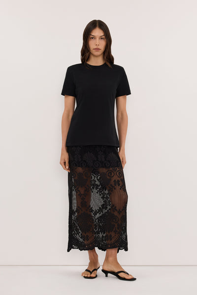 Helena  wearing REINA BLACK LACE MIDI SKIRT - PRE ORDER