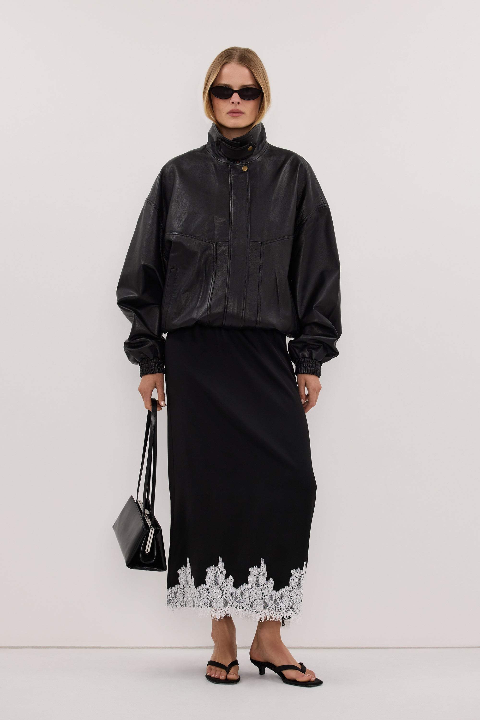 AMELINE BLACK SATIN MIDI SKIRT