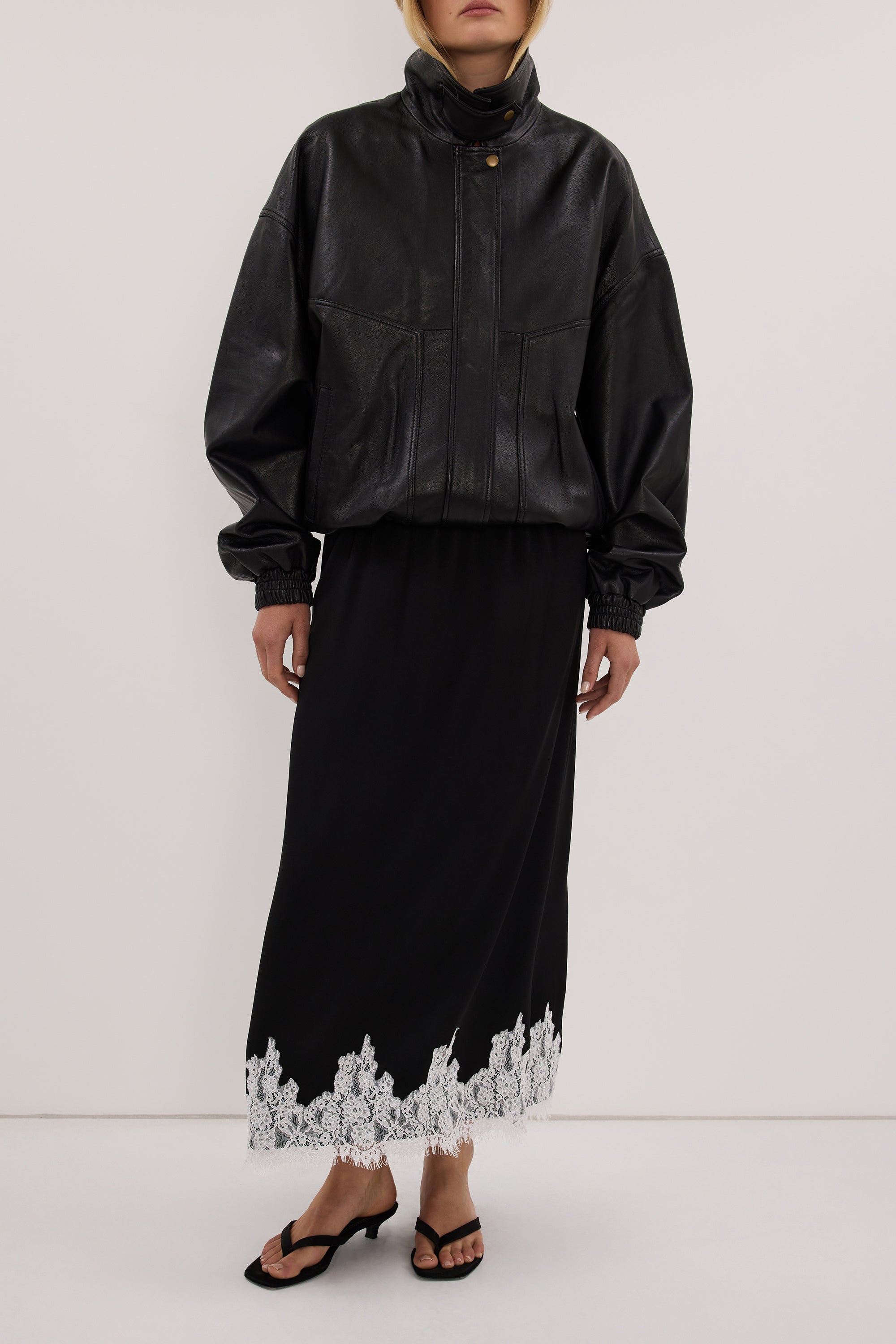 AMELINE BLACK SATIN MIDI SKIRT