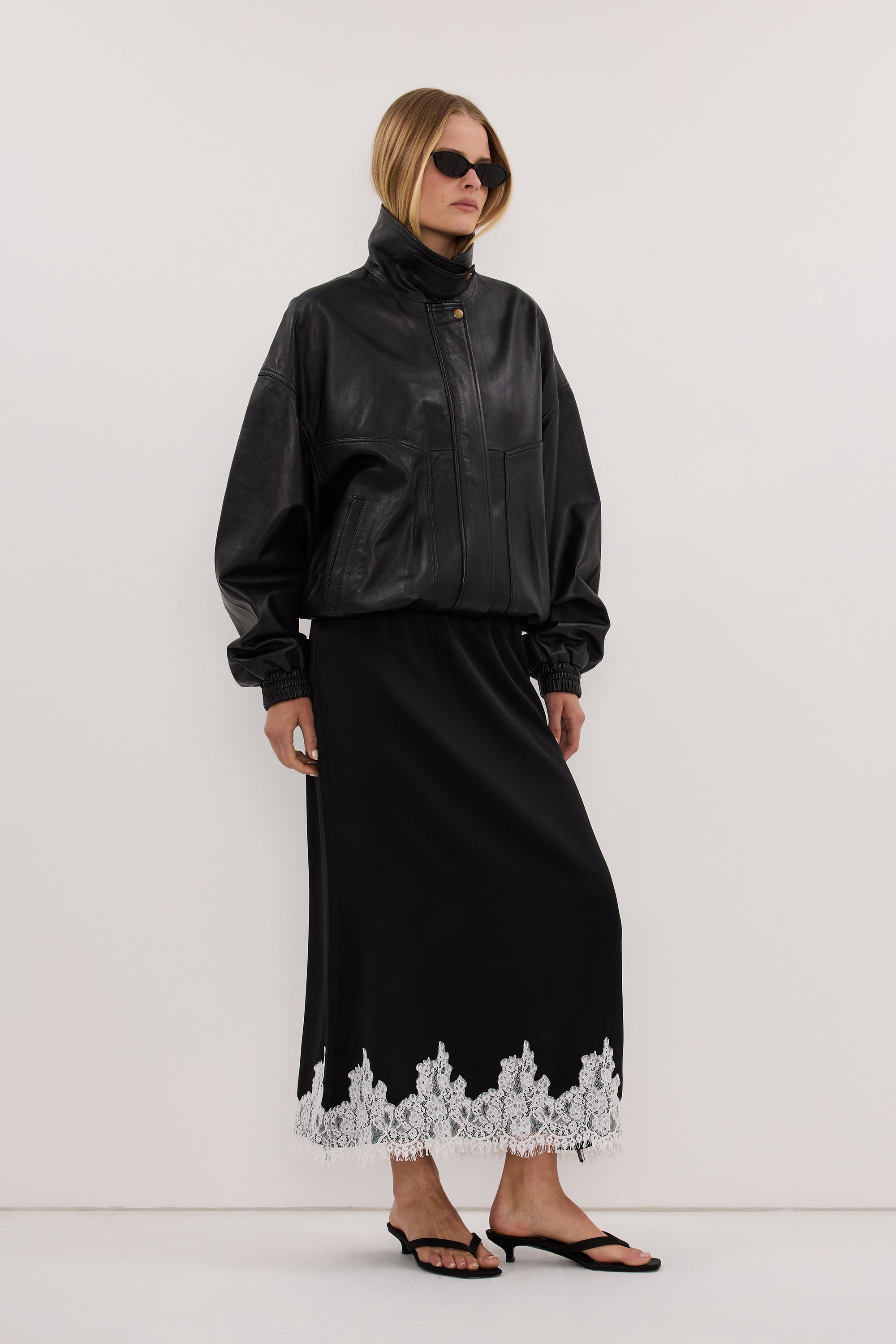 AMELINE BLACK SATIN MIDI SKIRT