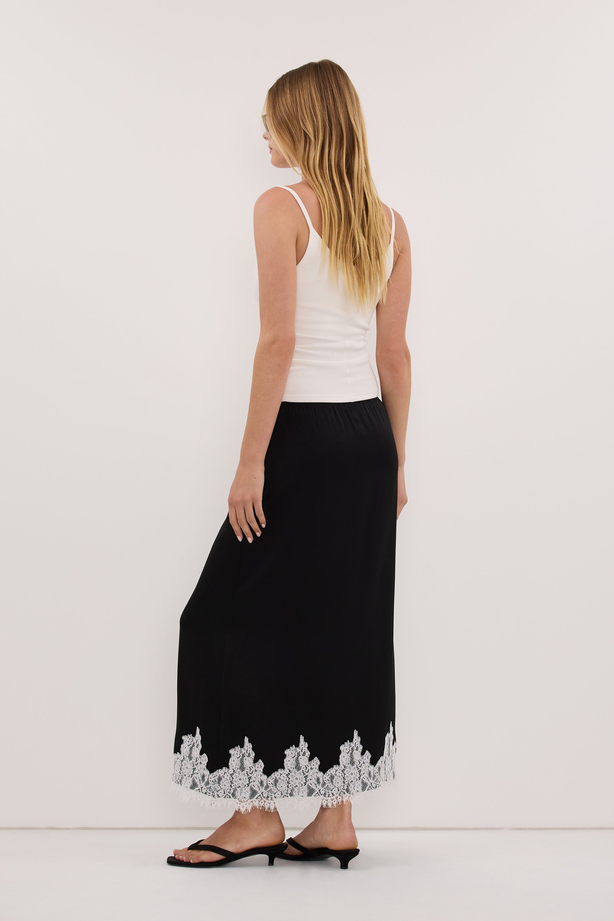 AMELINE BLACK SATIN MIDI SKIRT