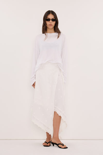 Helena  wearing SIERRA WHITE HANDKERCHIEF SKIRT - PRE ORDER