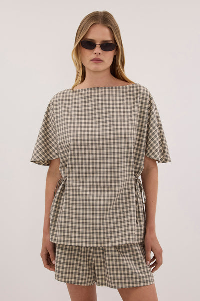 Zoe wearing ODESSA BEIGE CHECK COTTON SHORT
