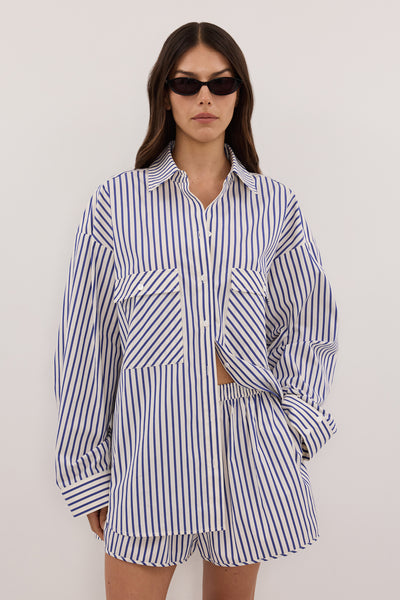 Helena  wearing HELENE BLUE STRIPE COTTON SHORT