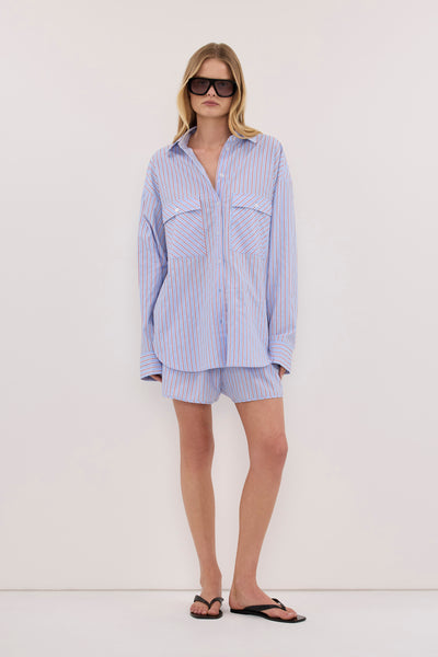 Zoe wearing ORSON BLUE STRIPE COTTON SHORT