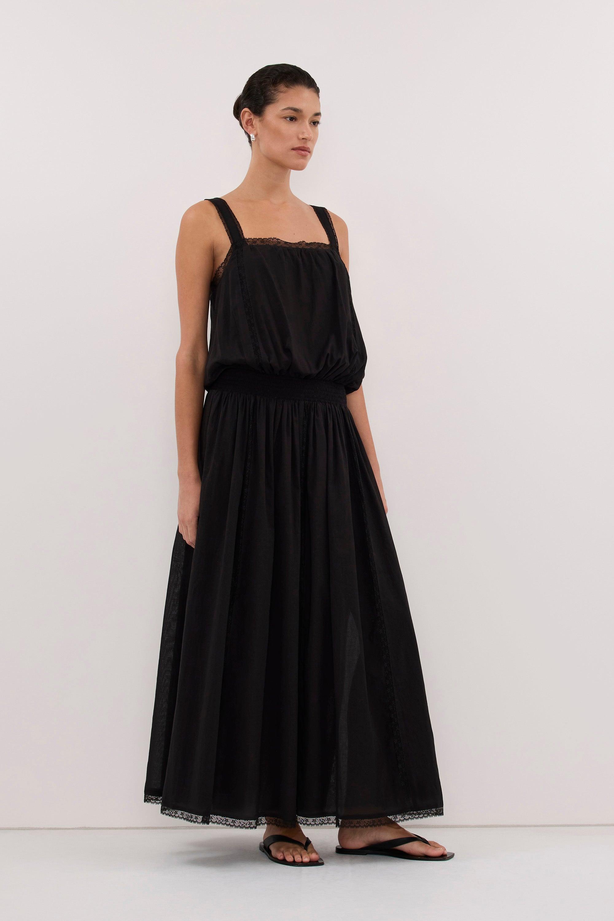 ROSIN BLACK SHIRRED LACE MIDI DRESS
