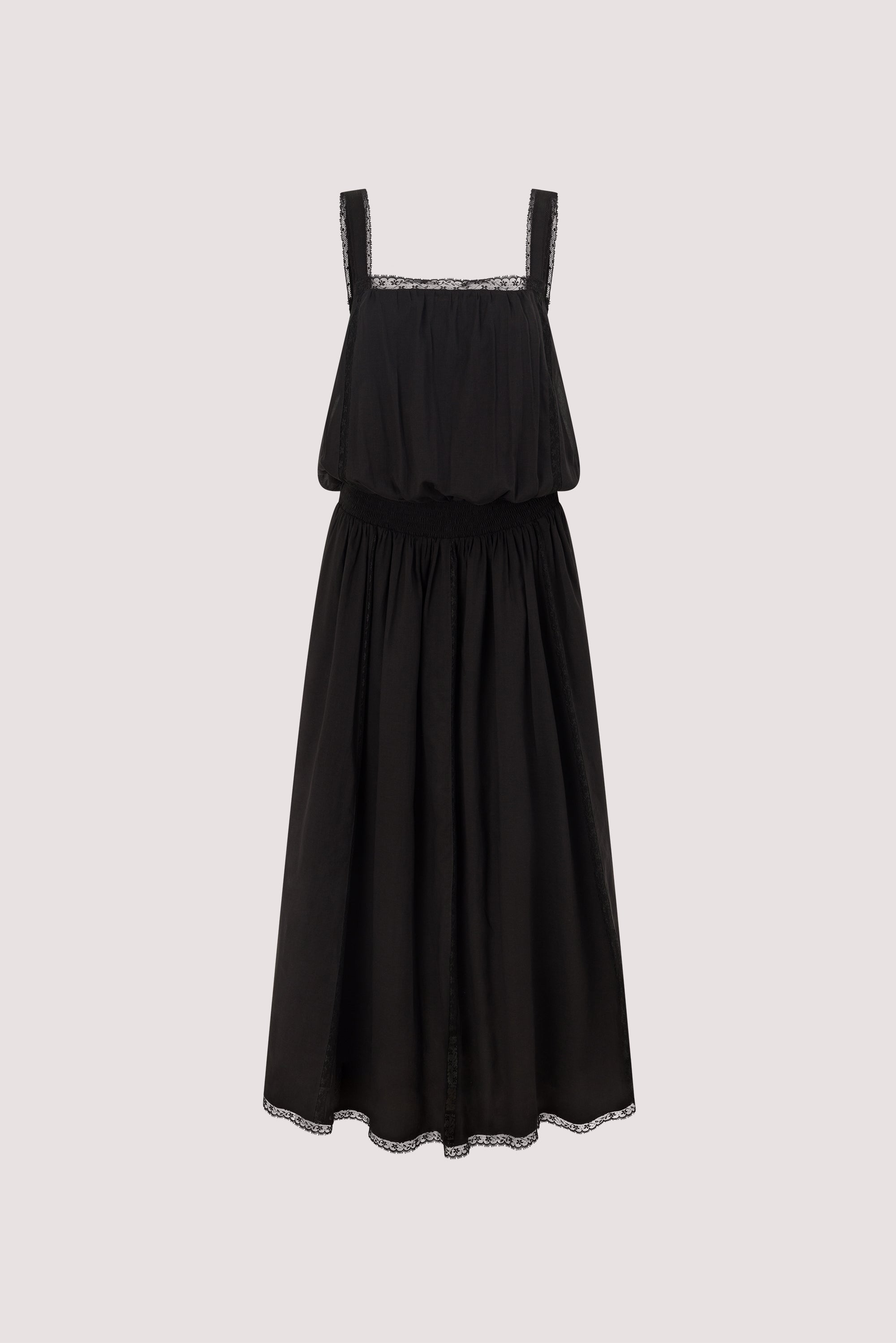 ROSIN BLACK SHIRRED LACE MIDI DRESS