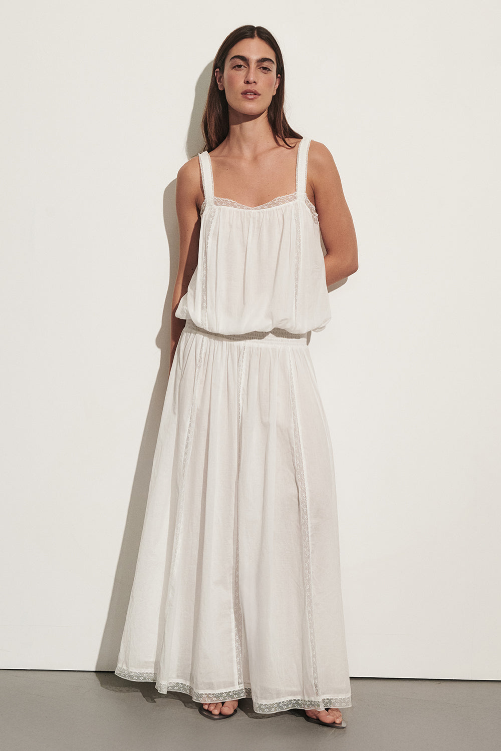 ROSIN WHITE SHIRRED LACE MIDI DRESS