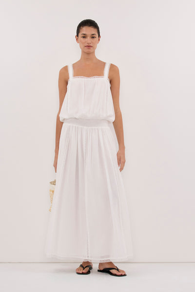 Aude wearing ROSIN WHITE SHIRRED LACE MIDI DRESS