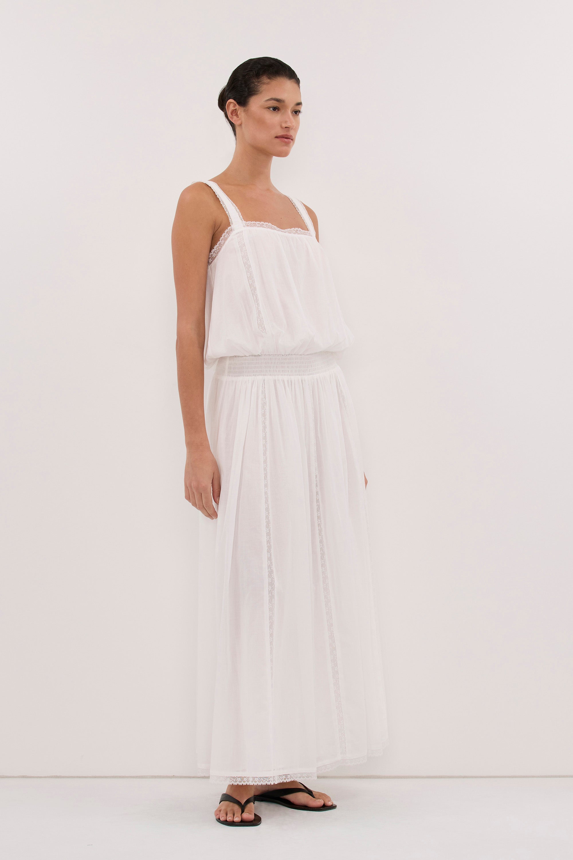 ROSIN WHITE SHIRRED LACE MIDI DRESS