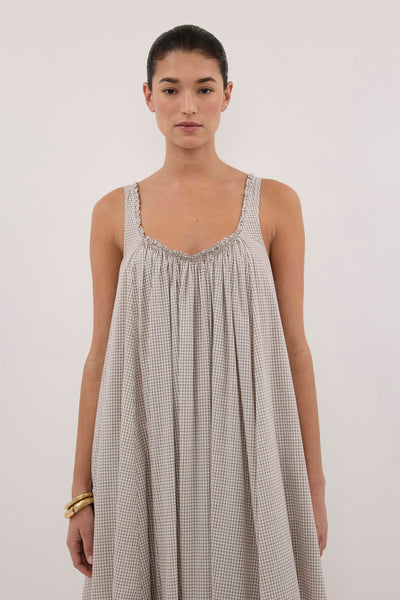 Zoe wearing ARABELLA CREAM CHECK MIDI DRESS