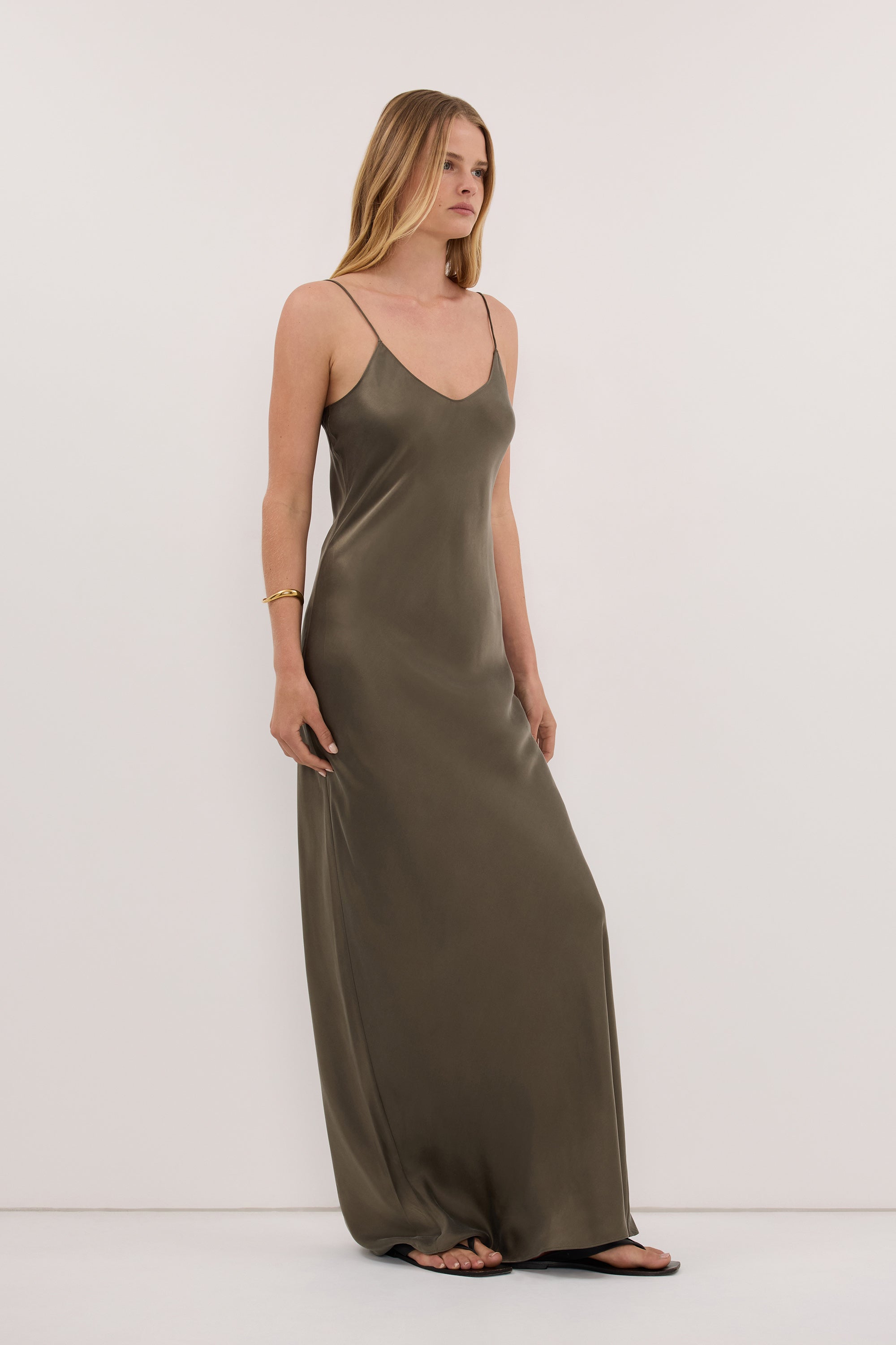 JOANNE OLIVE SILK SLIP DRESS