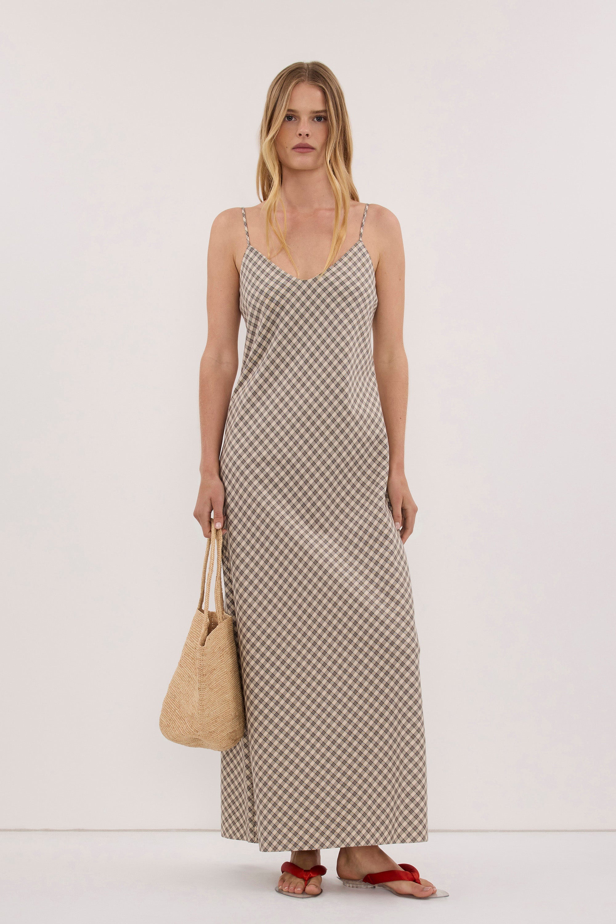 ODESSA BEIGE CHECK SLIP MAXI DRESS