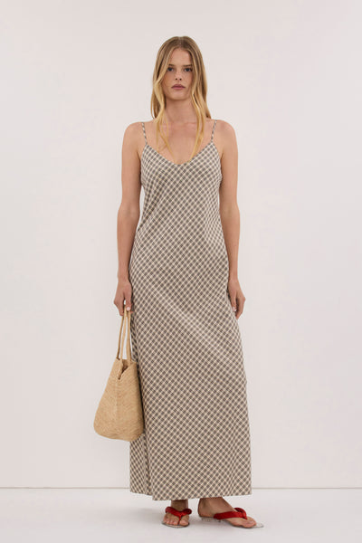 Helena  wearing ODESSA BEIGE CHECK SLIP MAXI DRESS