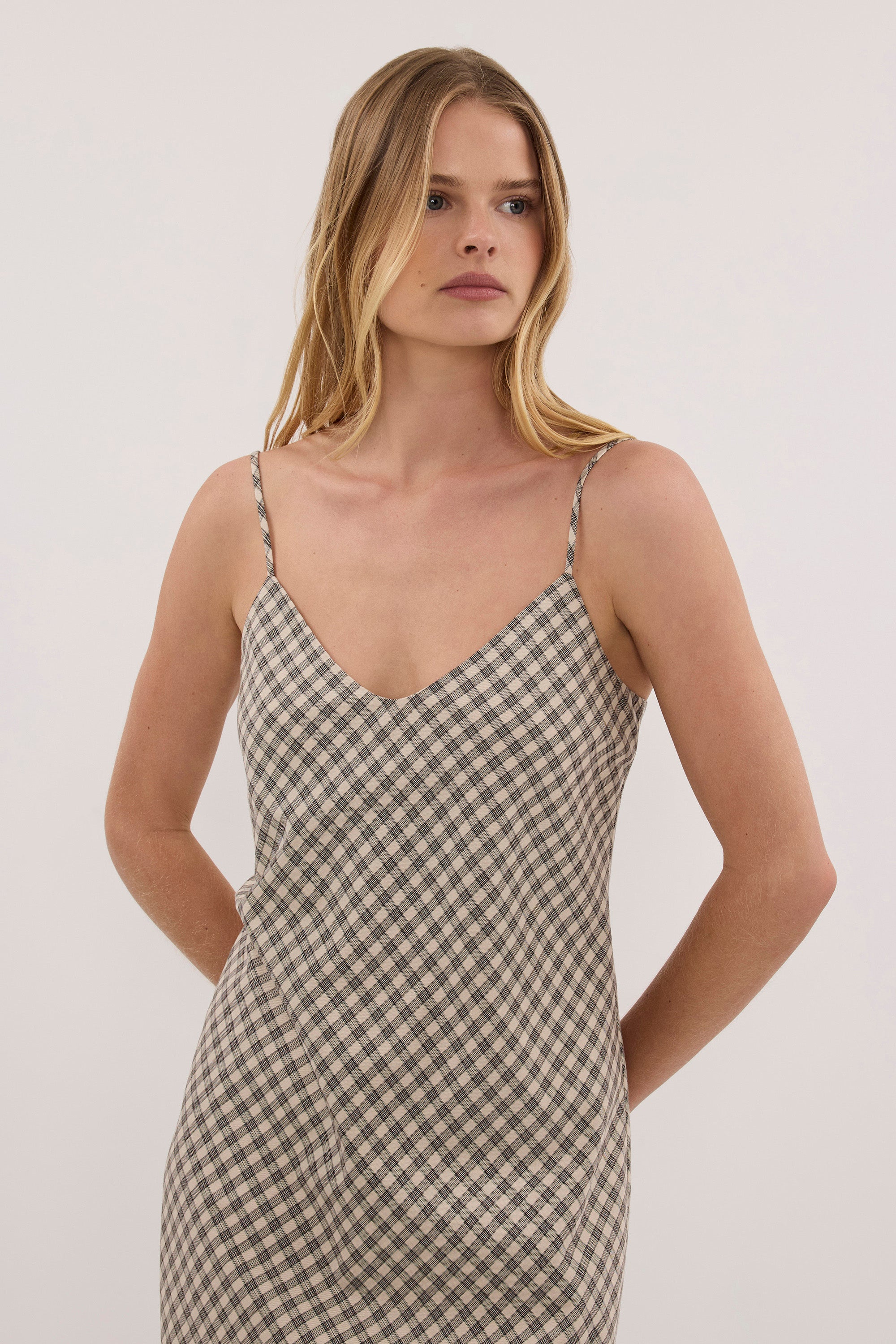 ODESSA BEIGE CHECK SLIP MAXI DRESS