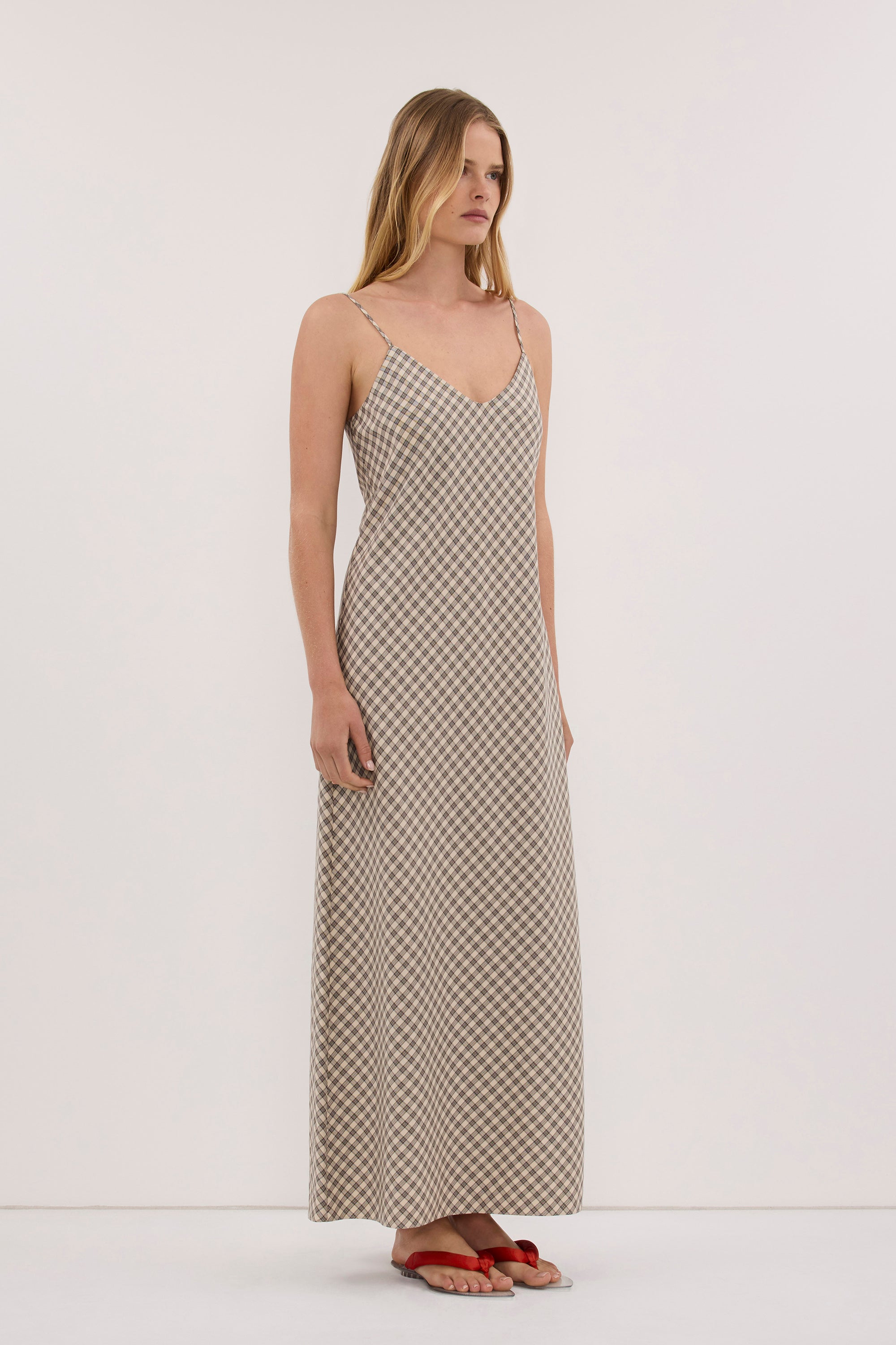 ODESSA BEIGE CHECK SLIP MAXI DRESS