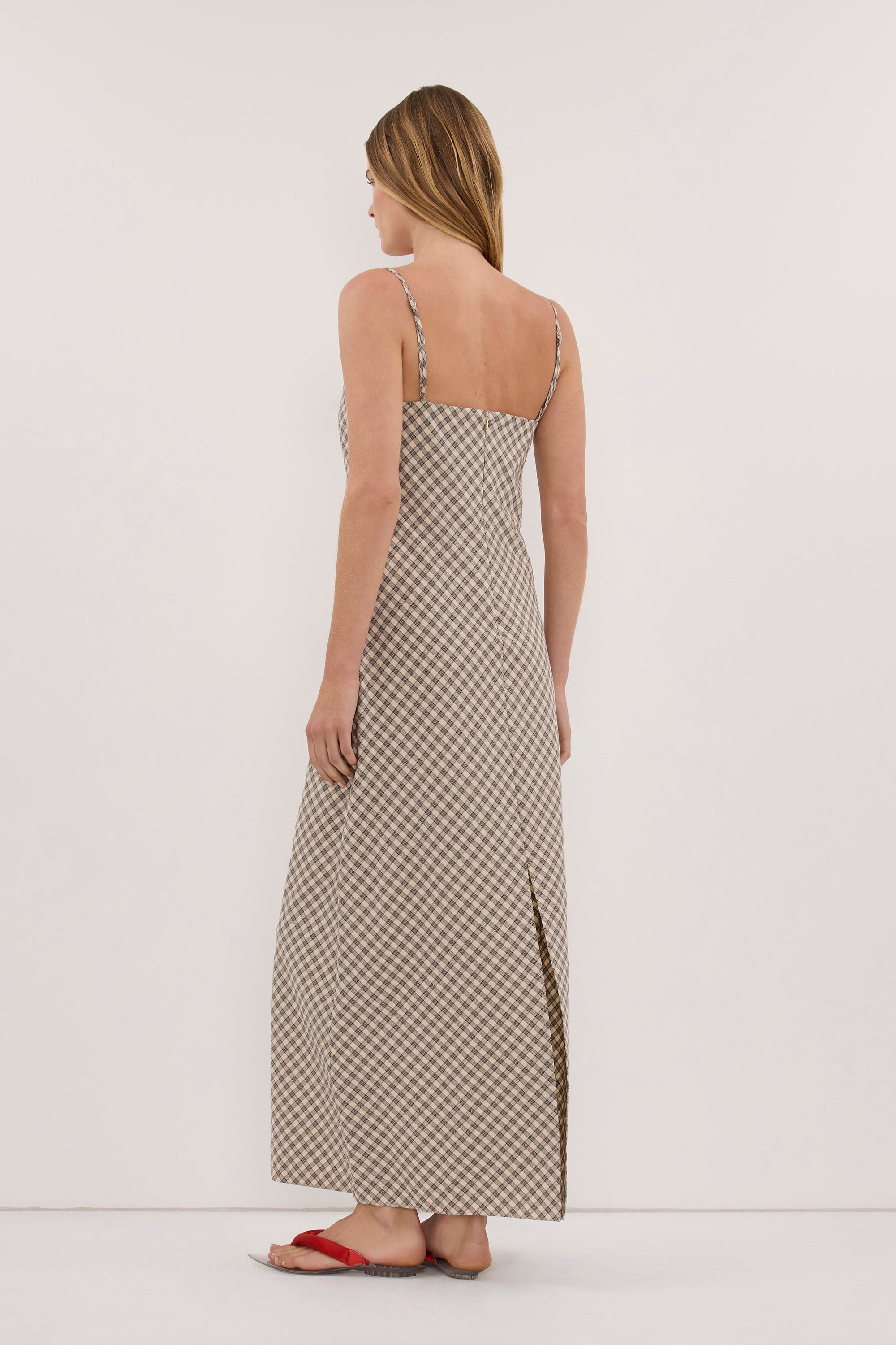 ODESSA BEIGE CHECK SLIP MAXI DRESS