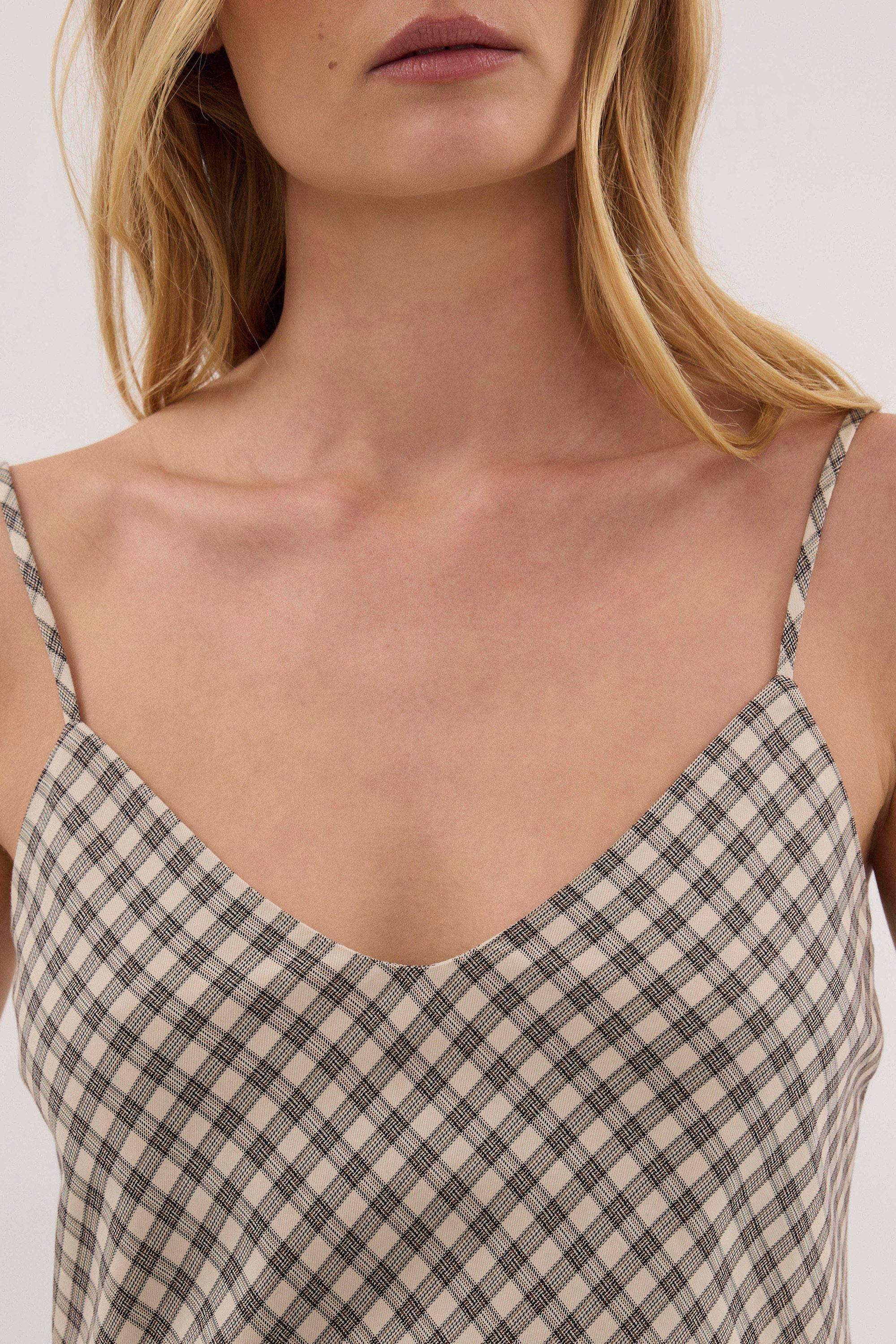 ODESSA BEIGE CHECK SLIP MAXI DRESS