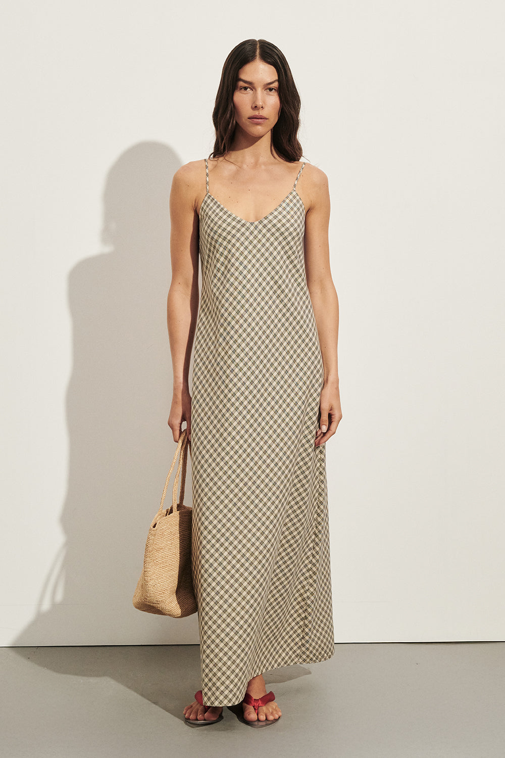 ODESSA BEIGE CHECK SLIP MAXI DRESS