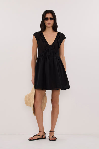Zoey wearing BILLIE BLACK LINEN BLEND MINI DRESS