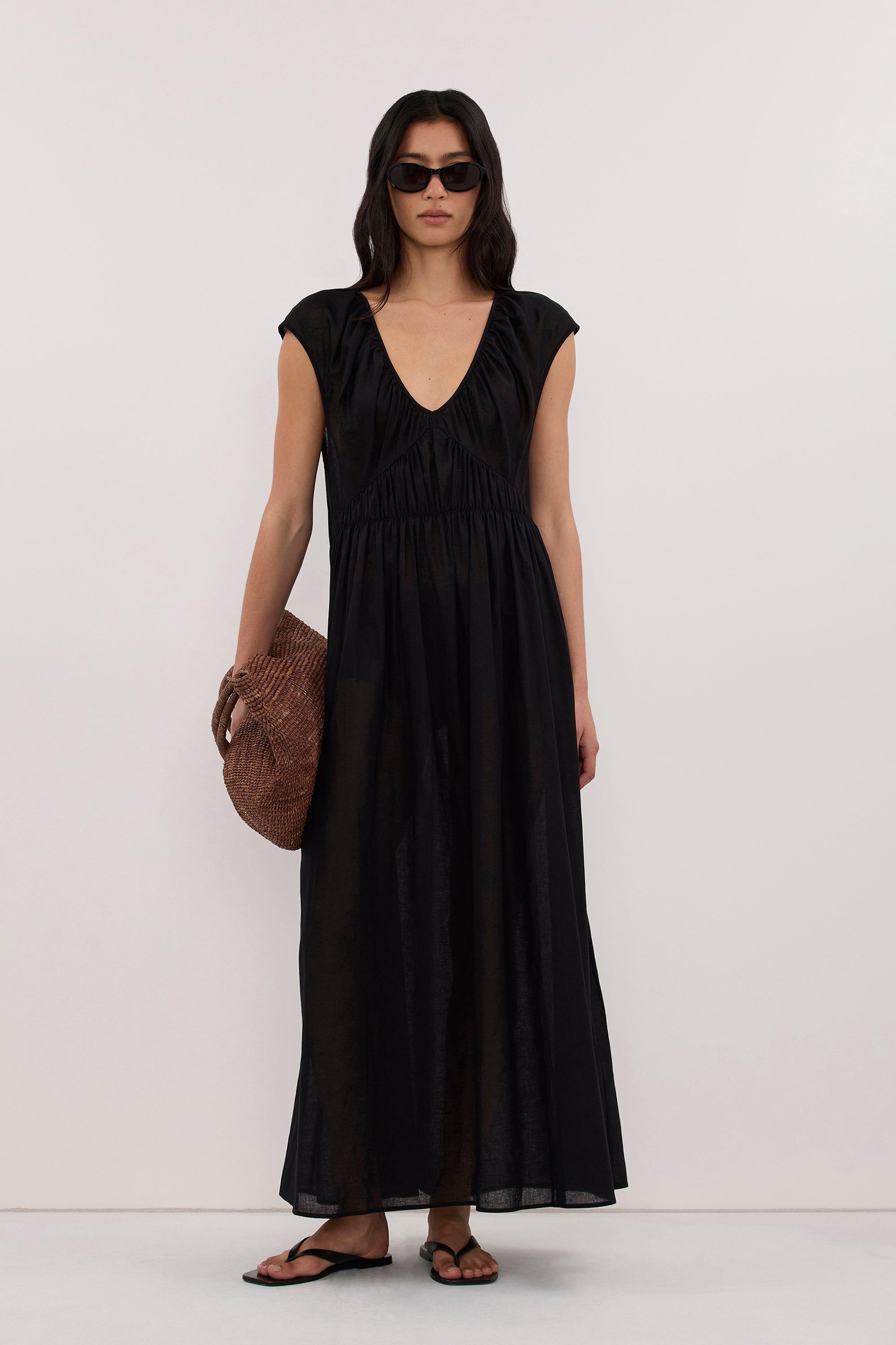 BILLIE BLACK LINEN BLEND MIDI DRESS