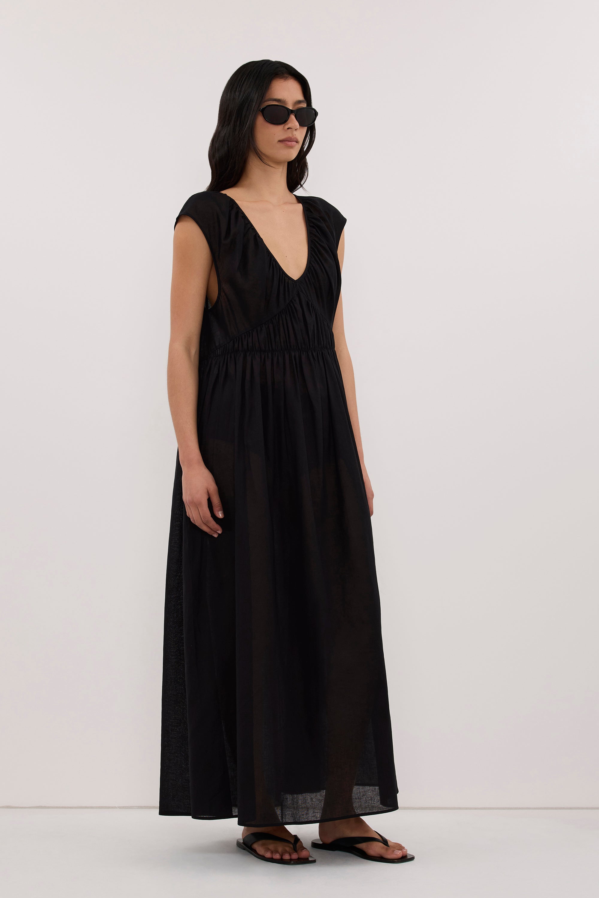 BILLIE BLACK LINEN BLEND MIDI DRESS